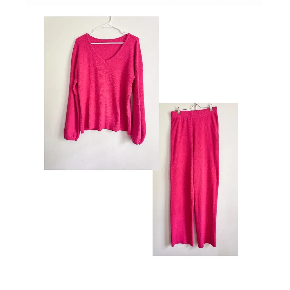 Hot Pink Ribbed Knit 2 Piece Lounge Set V-Neck Balloon Sleeve Wide Leg Pants L